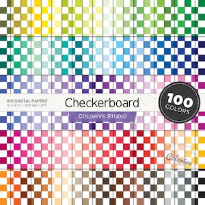 Schachbrett digitales Papier mit 100 Regenbogenfarben kariert, Schachbrettmuster, bunte Schachbrettmotive zum ausdrucken für Scrapbook