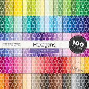Puede incluir: 100 papeles digitales con un patrón de hexágonos en varios colores. Cada papel mide 30,48 x 30,48 cm y tiene una resolución de 300 dpi. El texto "Hexagons" y "COLORIVE STUDIO" se muestra en la imagen.