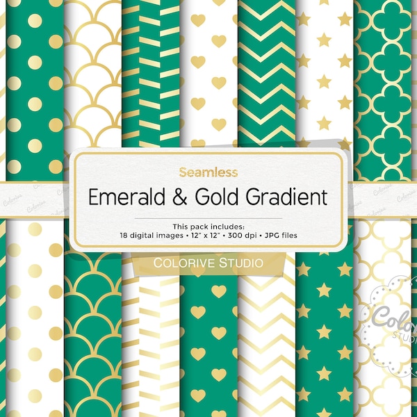Emerald, White & Gold digital paper, emerald green and gold patterns, white and gold gradient, background scrapbook papers commercial use