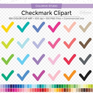 Könnte beinhalten: Eine Sammlung farbenfroher Häkchen-Cliparts in verschiedenen Farbtönen, darunter Gelb, Türkis, Blau, Pink, Pfirsich und Braun. Das Bild enthält den Text "Checkmark Clipart" und "100 COLOR CLIP ART".