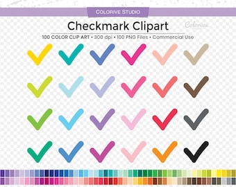 May include: A digital collection of checkmark clipart featuring 100 individual PNG files in various colors. The image displays 24 colorful checkmarks arranged in a grid, with text reading Colorive Studio, Checkmark Clipart, 100 Color Clip Art, 300 dpi, 100 PNG Files, Commercial Use.