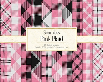 May include: A collection of twenty-four seamless digital images featuring various pink, black, and white plaid patterns. A central rectangular label displays the text Seamless Pink Plaid, 24 digital images, 3600 x 3600 pixels, Commercial Use.