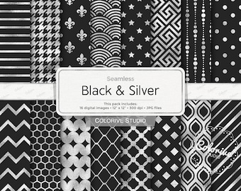Black and Silver digital papers seamless geometric silver patterns black background printable scrapbook papers personal and commercial use