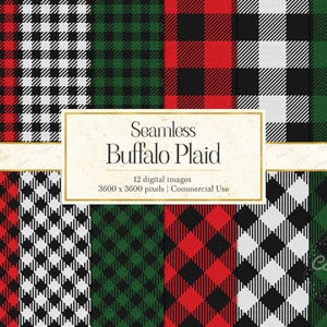 May include: A collection of twelve seamless buffalo plaid digital images in red, black, white, and green colorways. A central white rectangular label features the text Seamless Buffalo Plaid, 12 digital images, 3600 x 3600 pixels, Commercial Use.