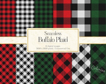 May include: A collection of twelve seamless buffalo plaid digital images in red, black, white, and green colorways. A central white rectangular label features the text Seamless Buffalo Plaid, 12 digital images, 3600 x 3600 pixels, Commercial Use.