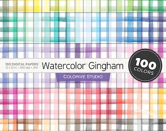 Acuarela Gingham papel digital 100 colores del arco iris color agua gingham fondo texturas pastel brillante papeles de álbum de recortes imprimibles