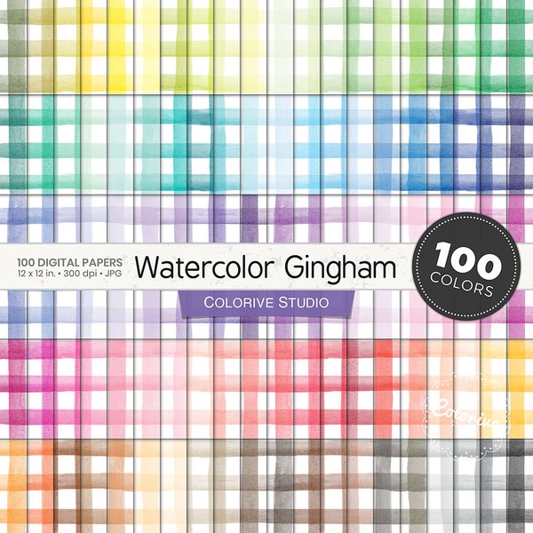Watercolor Gingham digital paper 100 rainbow colors water colour gingham background textures bright pastel printable scrapbook papers
