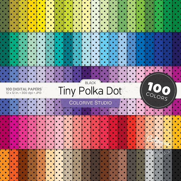 Black Tiny Polka Dot digital paper 100 rainbow colors small polka dotted pattern bright pastel background printable scrapbook papers