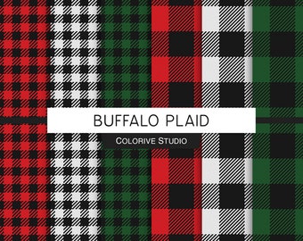 Buffalo Plaid digital paper, red green white and black checkered plaid, lumberjack, gingham, scrapbook papers personal and commercial use