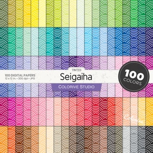 May include: 100 digital papers featuring a repeating pattern of overlapping, white, semi-circular shapes on a variety of colored backgrounds. The papers are 12 inches by 12 inches and 300 dpi. The text "Tinted Seigaiha" and "Colorive Studio" are displayed on the image. The text "100 Colors" is displayed in a circle.