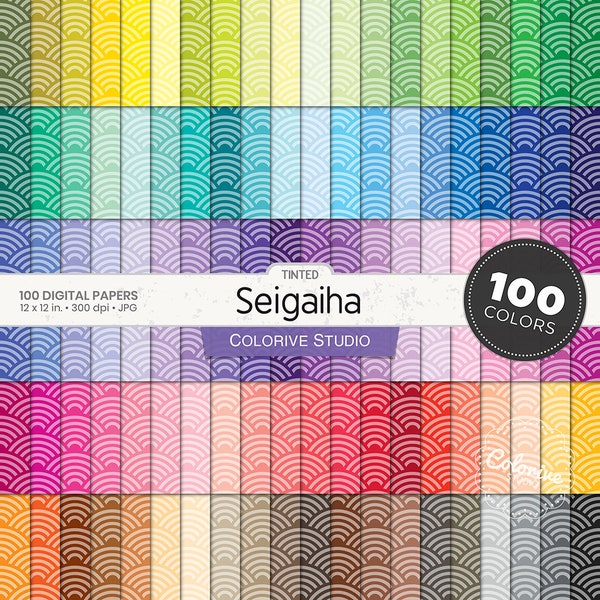 Tinted Seigaiha digital paper 100 rainbow colors scallops japanese scales pattern bright pastel background printable scrapbook papers