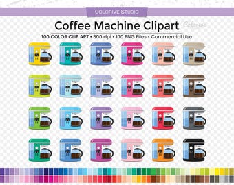 May include: A set of 100 colorful coffee machine clip art images. The images are in various colors, including red, blue, green, yellow, and purple. Each image features a coffee machine with a pot and a carafe. The images are perfect for use in digital projects, such as websites, social media, and presentations.