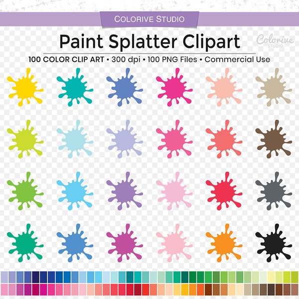 100 Paint Splatter clipart rainbow colors fun painting splash png illustration planner stickers supplies personal and commercial use