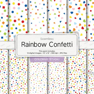 Konfetti digitales Papier, buntes Regenbogen Konfetti Sterne Punkt Herzen weißen Hintergrund Geburtstagsfeier Hintergrund persönlichen und kommerziellen Gebrauch