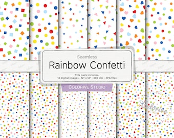 Confetti digital paper, colorful rainbow confetti stars dot hearts white background birthday party background personal and commercial use