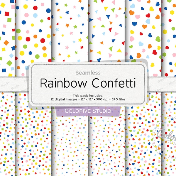 Confetti digital paper, colorful rainbow confetti stars dot hearts white background birthday party background personal and commercial use