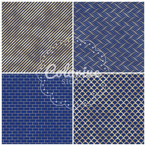 Puede incluir: Un conjunto de cuatro patrones digitales con un fondo azul marino profundo y dise&ntilde;os en oro met&aacute;lico. Los patrones incluyen rayas diagonales, l&iacute;neas onduladas horizontales, una cuadr&iacute;cula de ladrillos y un motivo de escamas de pez.