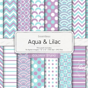 Papel digital Aqua y Lila con lunares, rayas, escamas, patrones geométricos, papeles para álbumes de recortes imprimibles, para uso personal y comercial