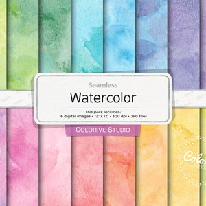 Watercolor digital paper, seamless water color background, brush strokes, ink, paint, rainbow colors, scrapbook papers (Instant Download)