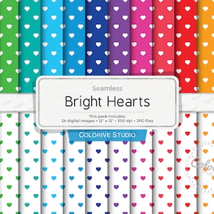 Digitales Papier mit bunten Herzen in Regenbogenfarben für den persönlichen und kommerziellen Gebrauch