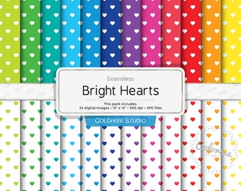 Bright Hearts digital paper, rainbow colors heart pattern with white and colored backgrounds scrapbook papers personal and commercial use