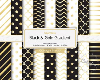 May include: A set of 18 digital seamless patterns in black and gold. The patterns include stripes, polka dots, hearts, stars, chevron, and geometric designs. The patterns are 12 inches by 12 inches and 300 dpi.