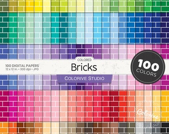 100 Bricks Digital Paper: Seamless Rainbow Classic Brick Wall Pattern, Printable Pastel Bright Scrapbook Backgrounds