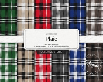 Plaid digital paper, tartan, lumberjack, red, green, blue, beige, gray, brown, background scrapbook papers (Instant Download)