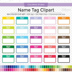 100 cliparts porte-nom aux couleurs de l'arc-en-ciel « Hello my name is » badge nominatif png clip art planificateur autocollants usage personnel et commercial
