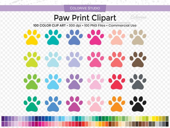 100 Paw Print Clipart: Rainbow Pet Puppy Planner Stickers, Playful Animal PNG Graphics