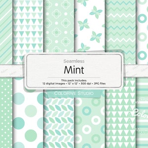 Mint digital paper, leaves leaf polka dot chevron stripes patterns in mint and white background scrapbook papers personal and commercial use