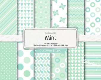 Mint digital paper, leaves leaf polka dot chevron stripes patterns in mint and white background scrapbook papers personal and commercial use