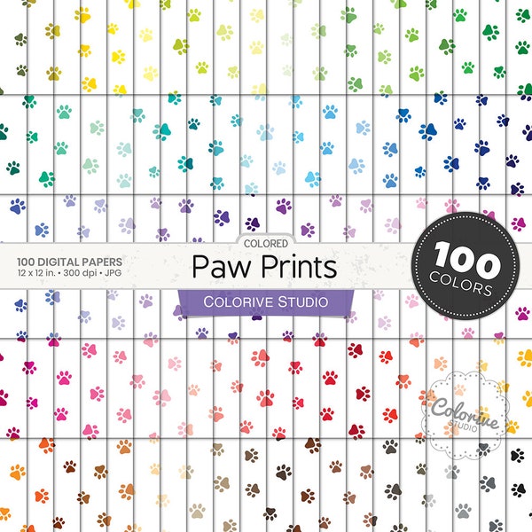 Colored Paw Prints digital paper 100 rainbow colors pet dog cat paws print background pattern bright pastel printable scrapbook papers