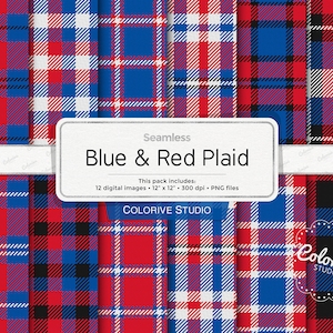 Blauw en rood geruit digitaal papier, rode, blauwe, witte plaid, Schotse ruit, patriottische geruite patronen, plakboekachtergronden (direct downloaden)
