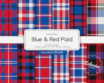 Blue & Red Plaid digital paper, red, blue, white plaid, tartan, patriotic plaid patterns, background scrapbook papers (Instant Download)