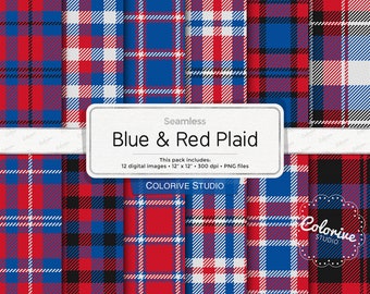 Blue & Red Plaid digital paper, red, blue, white plaid, tartan, patriotic plaid patterns, background scrapbook papers (Instant Download)