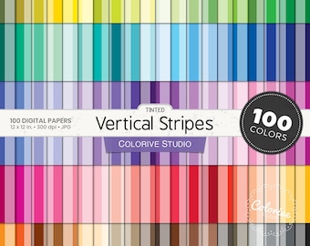 May include: A digital paper pack with 100 vertical stripes in various colors. The pack includes 100 digital papers, each measuring 12 x 12 inches at 300 dpi. The papers are in JPG format. The text "Tinted Vertical Stripes" and "Colorive Studio" is displayed on the image.