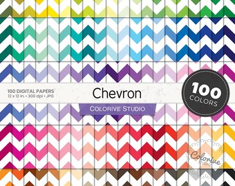 May include: A collection of 100 digital papers featuring a repeating chevron pattern in various colors. The image includes the text 100 DIGITAL PAPERS 12 x 12 in. 300 dpi JPG, Chevron, COLORIVE STUDIO, and 100 COLORS in a circular badge.