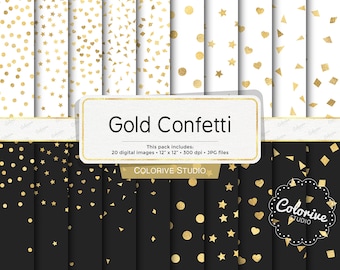 Gold Confetti digital paper, black white and gold foil confetti dots hearts stars backgrounds printable scrapbook papers commercial use