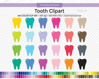 May include: A digital collection of tooth clipart featuring 100 colorful tooth icons in various shades including yellow, teal, blue, pink, and black. The text reads Colorive Studio, Tooth Clipart, 100 Color Clip Art, 300 dpi, 100 PNG Files, Commercial Use.
