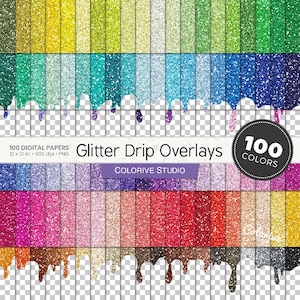 May include: A digital art graphic featuring 100 glitter drip overlays in various colors. The image includes text that reads "100 Digital Papers" and "Glitter Drip Overlays" with the Colorive Studio logo. The image is 12 x 12 inches.