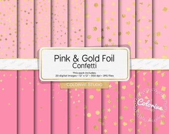 Papel digital con confeti rosa y dorado, estrellas, puntos y formas para álbumes de recortes, fondos rosa y dorado (descarga digital)