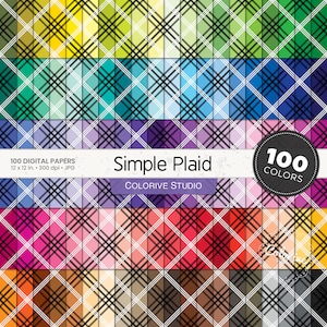 May include: 100 digital papers with a simple plaid pattern in various colors. Each paper is 12 inches by 12 inches and 300 dpi. The text "Simple Plaid" and "COLORIVE STUDIO" is displayed on the image.