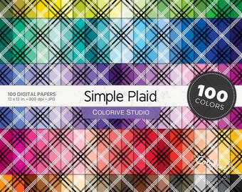 Simple Plaid digital paper 100 rainbow colors small black white diagonal tartan pattern bright pastel background printable scrapbook papers
