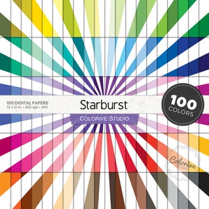 Starburst digital paper 100 rainbow colors fun sunburst light burst sunrays bright pastel background printable scrapbook papers
