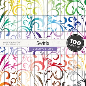 Papel digital Colored Swirls 100 colores del arco iris simples remolinos florales fondo brillante pastel imprimible papeles de álbum de recortes uso comercial