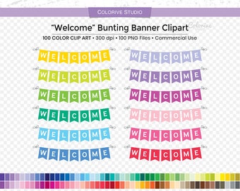 100 Welcome Bunting Banner clipart in rainbow colors welcome pennant banner png illustration planner stickers personal and commercial use