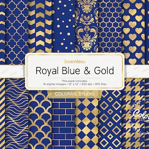 Cyfrowy papier Royal Blue i Gold, bezszwowe, eleganckie i geometryczne wzory ze złotej folii, tło w kolorze królewskiego błękitu, papier do scrapbookingu do użytku komercyjnego