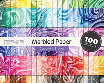 Marbled digital paper 100 rainbow colors liquid ink marbled paper background textures bright pastel printable scrapbook papers