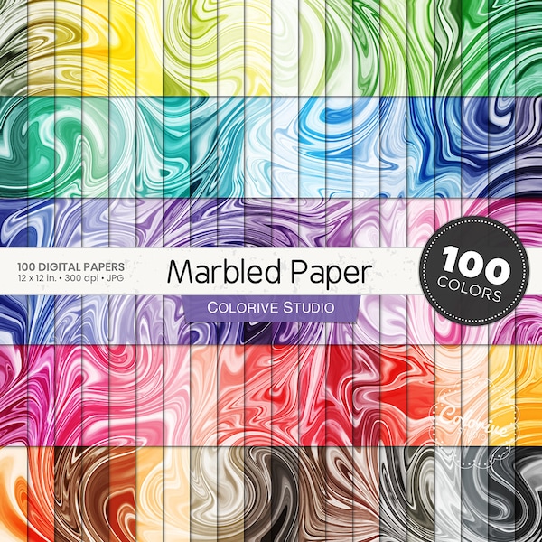 Marbled digital paper 100 rainbow colors liquid ink marbled paper background textures bright pastel printable scrapbook papers